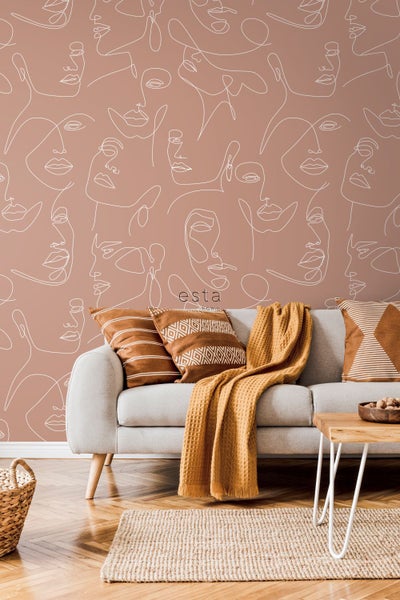 ESTAhome Fototapete Line Art Gesichter Terrakotta und Weiß - 150 x 279 cm - 158960