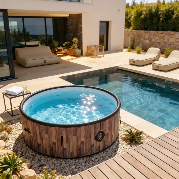 Runder Whirlpool in Holzoptik auf einer modernen Terrasse neben einem Swimmingpool, mit bequemen Liegemöbeln und Steinplatten.