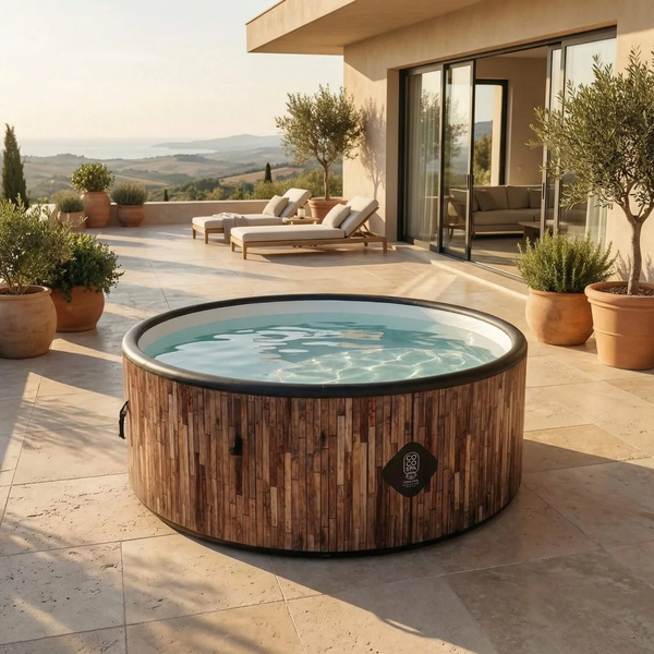 Aufblasbarer Whirlpool mit Holzoptik auf einer Terrasse mit Olivenbäumen, Sonnenliegen und Blick auf die Landschaft.