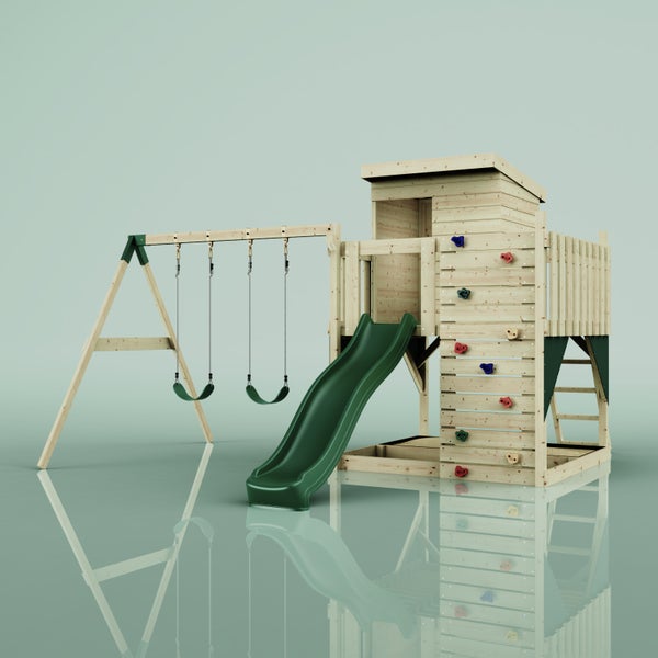 PolarPlay Spielturm Björn aus Holz in Grün Kinderschaukel