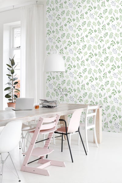 ESTAhome Tapete Blumenmuster im skandinavischen Stil Grün und Violett - 50 x 900 cm - 139426