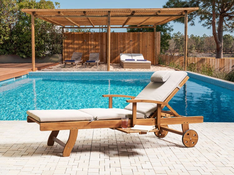 Sonnenliege mit Kissen JAVA PREMIUM Akazienholz Hellbeige