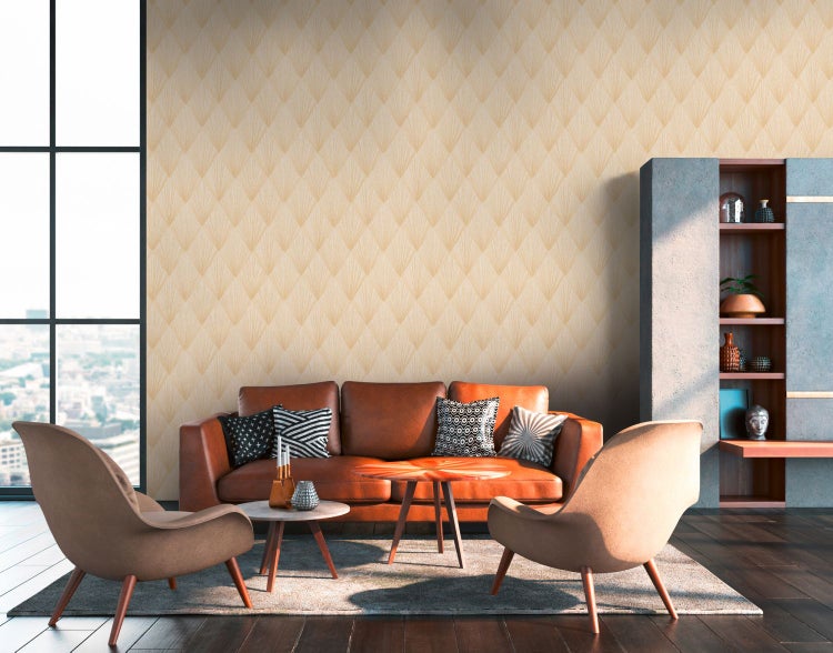 Wohnzimmer mit Sofa, Tisch und dekorativer Wandgestaltung