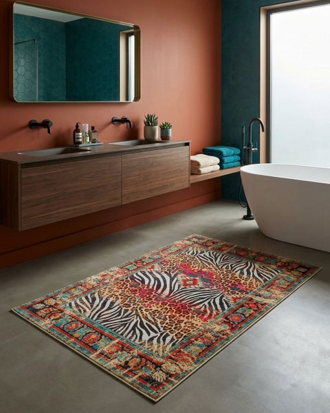 Bunt gemusterter Teppich mit Tiermotiven in einem modernen Badezimmer mit Holzwaschtisch, zwei Waschbecken und freistehender Badewanne.