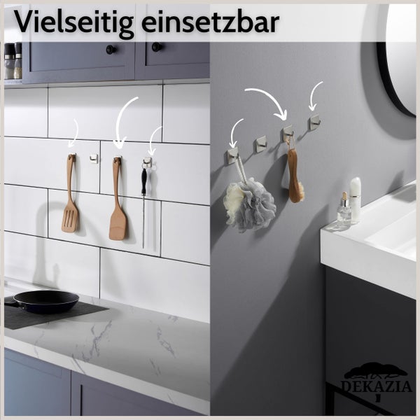 Vielseitige selbstklebende Wandhaken in Edelstahloptik in Küche und Bad, halten Küchenutensilien und Badaccessoires. Dekazia Logo.