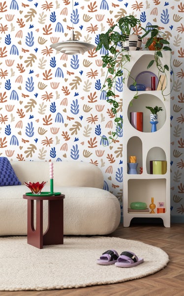 ESTAhome Tapete Pflanzen im Matisse-Stil Beige, Terrakotta und Blau - 50 x 900 cm - 131019