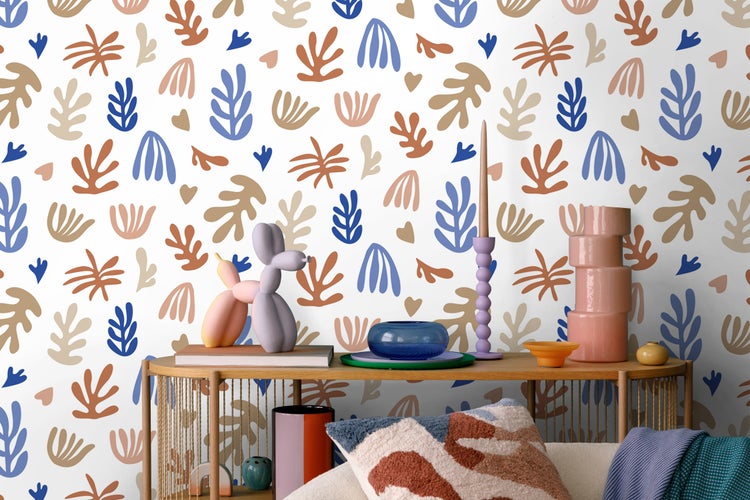 ESTAhome Tapete Pflanzen im Matisse-Stil Beige, Terrakotta und Blau - 50 x 900 cm - 131019