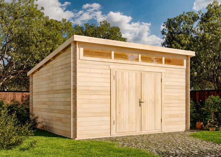 Gartenhaus aus Holz mit Pultdach, Doppeltür und Oberlichtern