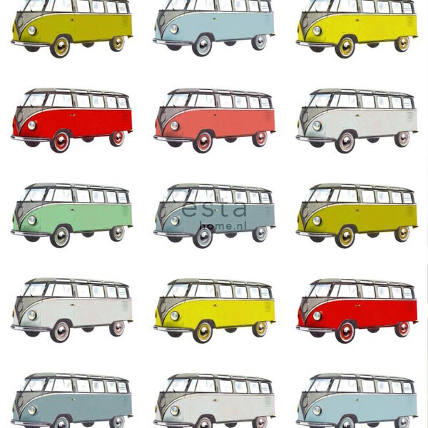 ESTAhome XXL-Vliestapete Vintage Volkswagen Transporter Gelb, Blau, Grau, Rot und Grün - 50 x 900 cm - 158713