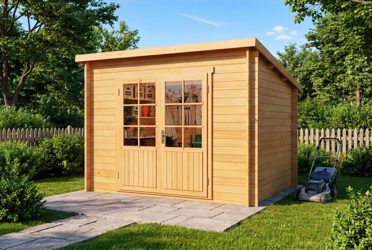 Modernes Gartenhaus aus Holz mit Pultdach und Doppeltür mit Lichtausschnitten in einem hellen Garten auf einer gepflasterten Fläche.