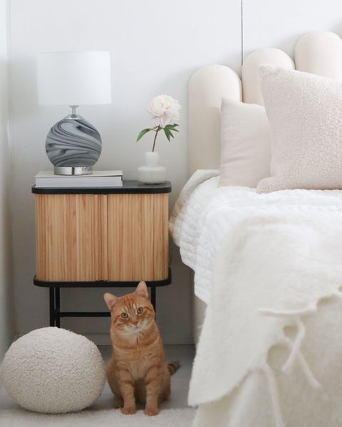 Helles Schlafzimmer mit Nachttisch, Lampe, Dekorationen, Bett und einer sitzenden Katze