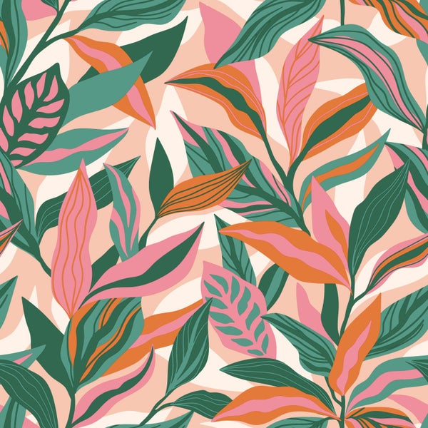 ESTAhome Tapete tropische Blätter Türkis, Rosa und Orange - 50 x 900 cm - 131044