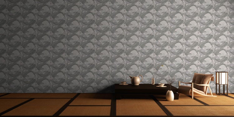 Raum mit Tapete mit Fischmuster, Tisch, Geschirr und Stuhl