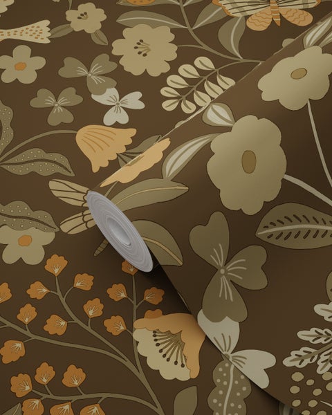 ESTAhome Tapete Blumen und Vögel Graugrün, Braun und Ockergelb - 50 x 900 cm - 131466