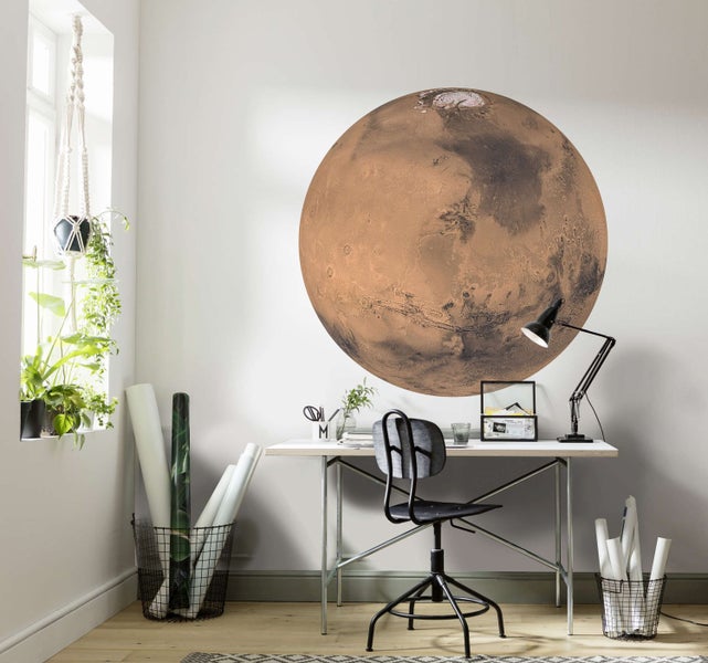 Arbeitszimmer mit Schreibtisch, Stuhl und Wandbild von Mars