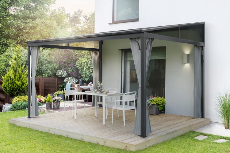 Terrassenüberdachung Melanie 4 x 3 m, mit Polycarbonatdach und Seitenteilen, anthrazit, lichtgrau