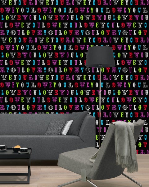 ESTAhome Tapete love you - Sprüche Multicolor auf Schwarz - 53 cm x 10.05 m - 136839