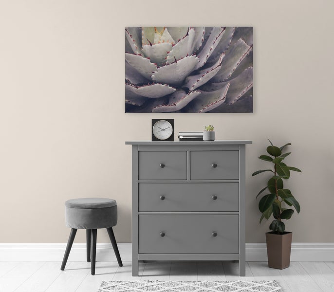 Wohnzimmer mit grauer Kommode, gepolstertem Hocker, Kunstpflanze und einem Wandbild mit Agaven Motiv über der Kommode