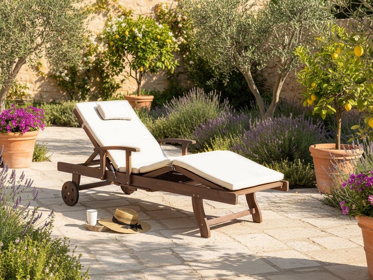 Gartenszene mit Liegestuhl aus Holz und weichen Auflagen