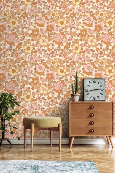 ESTAhome Tapete Retro Blumen Orange und Rosa - 50 x 900 cm - 131532