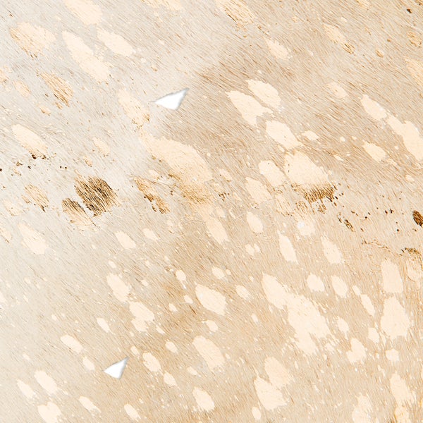Naturbelassenes Kuhfell in Beige und Creme mit geflecktem Muster und sichtbarer Haarstruktur.