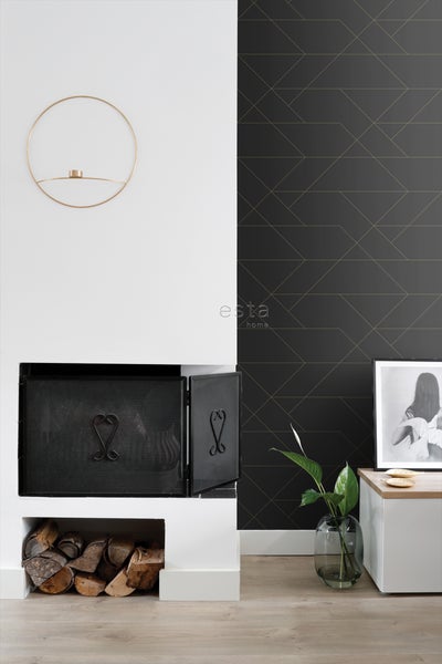 ESTAhome Tapete grafische Linien Schwarz und Gold - 53 cm x 10.05 m - 139144