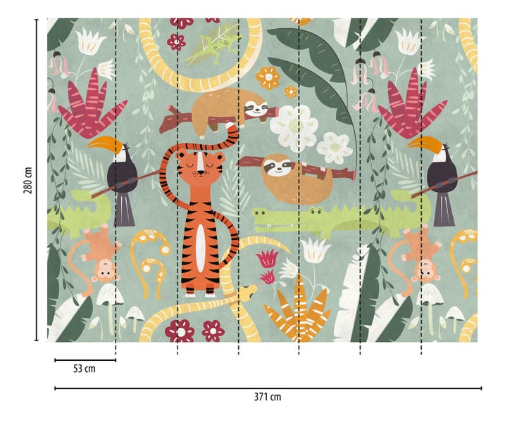Tapete mit Dschungelmotiven, inklusive Tiger, Faultier, Schlange und Affen