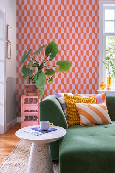 ESTAhome Tapete Art Decó Muster Violett und Orange - 53 cm x 10.05 m - 139982