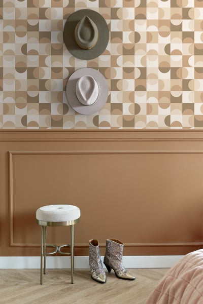 ESTAhome Tapete Kreise im Bauhaus-Stil Beige, Braun und Weiß - 50 x 900 cm - 130937