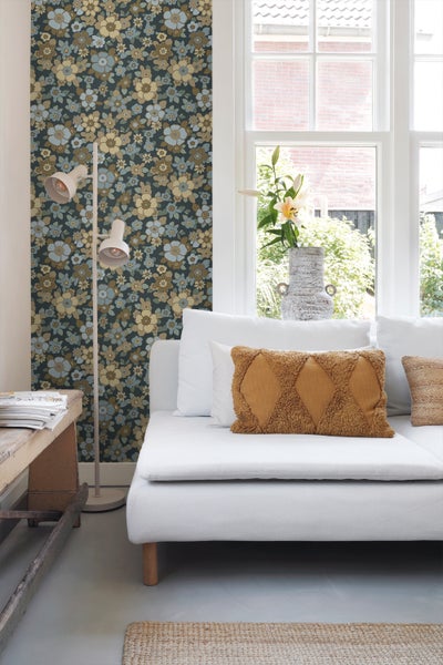 ESTAhome Tapete Retro Blumen Dunkelblau - 50 x 900 cm - 131527