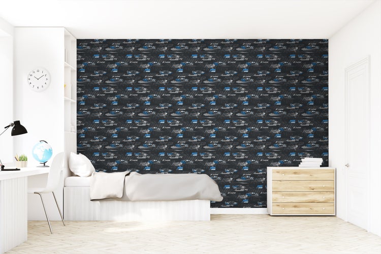 Sanders und Sanders Tapete Rennwagen Blau und Schwarz-Weiß - 50 x 900 cm - 935363