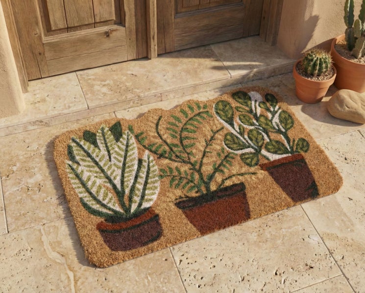 Rechteckige Kokos-Fußmatte mit Motiv von drei Topfpflanzen auf hellem Steinboden vor einer Holztür.