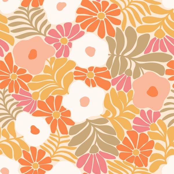 ESTAhome Tapete Blumen im Matisse-Stil Orange und Gelb - 50 x 900 cm - 131005
