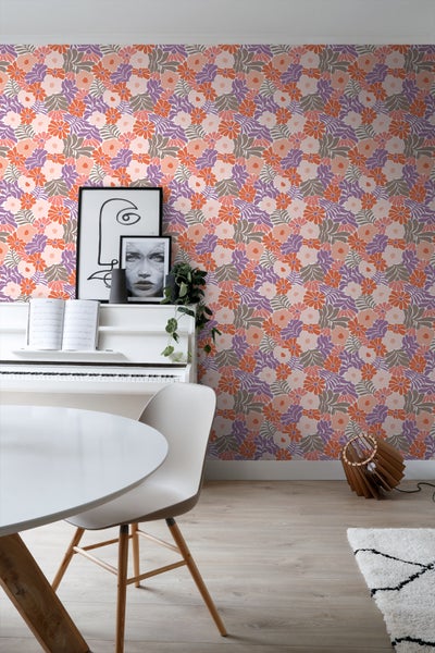 ESTAhome Tapete Blumen im Matisse-Stil Lila und Orange - 50 x 900 cm - 131007