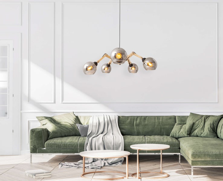 5er Glas-Pendelleuchte SOITO Hängelampe aus Metall, Glas und Gummibaumholz, mit E14-Fassung, für Esszimmer, Wohnzimmer, Diele oder Büro, 80 cm Durchmesser