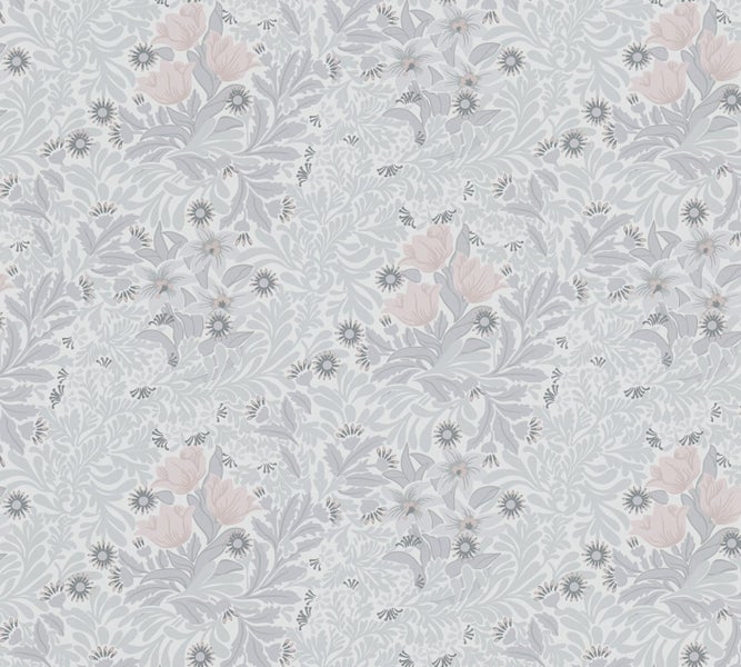 Schlafzimmer mit Bett, Nachttisch und gemusterter Tapete