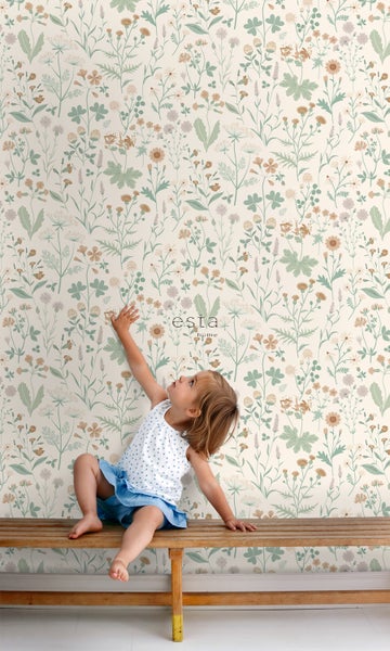 ESTAhome Tapete Feldblumen Grün, Terrakotta und Violett - 53 cm x 10.05 m - 139481