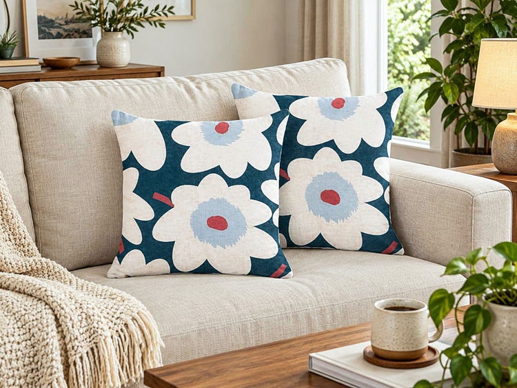 Zwei quadratische Dekokissen mit Blumenmuster auf einem Sofa in einem gemütlich eingerichteten Wohnzimmer.