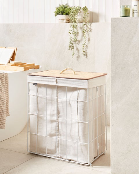 Wäschekorb Skizze mit Maßen: Höhe 52 Zentimeter, Breite 60 Zentimeter, Tiefe 32 Zentimeter, Toleranz plus minus 2 Zentimeter.