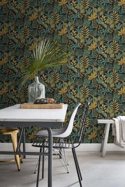 ESTAhome Tapete Blätter Türkis und Olivgrün - 50 x 900 cm - 130992