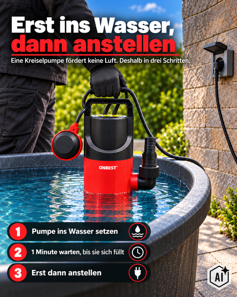 Eine Tauchpumpe von Onbest in einem Wasserbecken mit einer Anleitung zur Inbetriebnahme in drei Schritten.