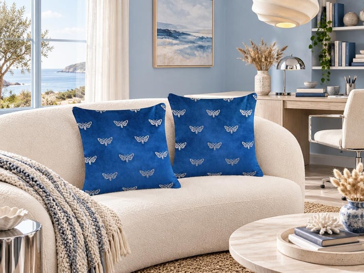 Zwei blaue Kissen mit Schmetterlingsmuster auf einem hellen Sofa in einem modernen Wohnzimmer.