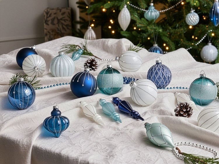 Weihnachtskugeln und Anhänger in Blau und Weiß auf weißem Stoff, im Hintergrund ein geschmückter Weihnachtsbaum.