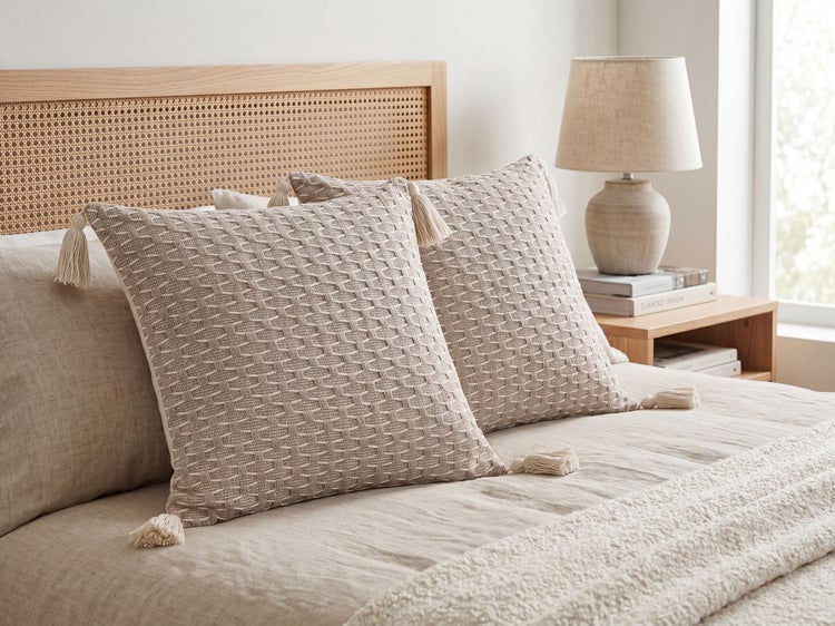 Zwei gewebte Dekokissen mit Quasten auf einem Bett mit Rattan-Kopfteil neben einem Nachttisch mit Lampe.