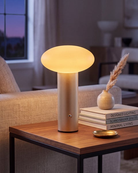 Moderne Tischleuchte mit pilzförmigem Leuchtenschirm auf einem zylindrischen Standfuß, stehend auf einem Holztisch mit Dekoration im Wohnzimmer.