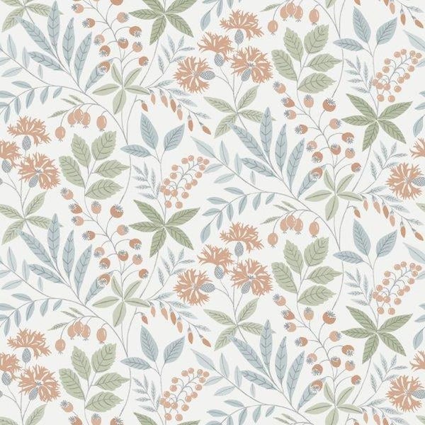 Borastapeter Tapete Blumen Weiß, Grün und Blau - 53 cm x 11.2 m - 660147