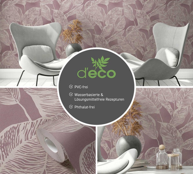 Raumszene mit Tapete mit Blättermuster und d'eco Logo