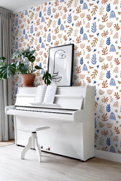 ESTAhome Tapete Pflanzen im Matisse-Stil Beige, Terrakotta und Blau - 50 x 900 cm - 131019
