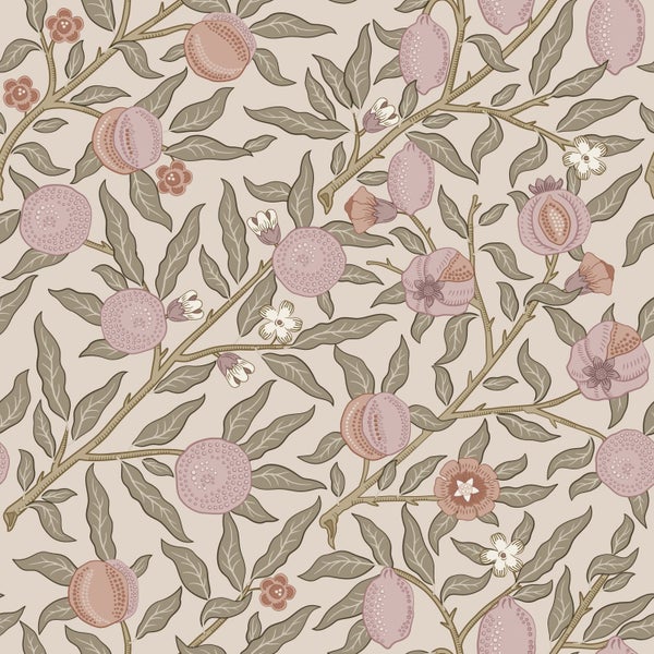 ESTAhome Tapete exotischen Früchten und Blättern Helllila und Graugrün - 50 x 900 cm - 131170