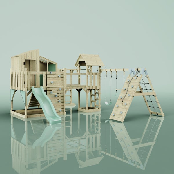 Spielplatz aus Holz mit Rutsche, Kletterwand, Schaukel und Kletternetz